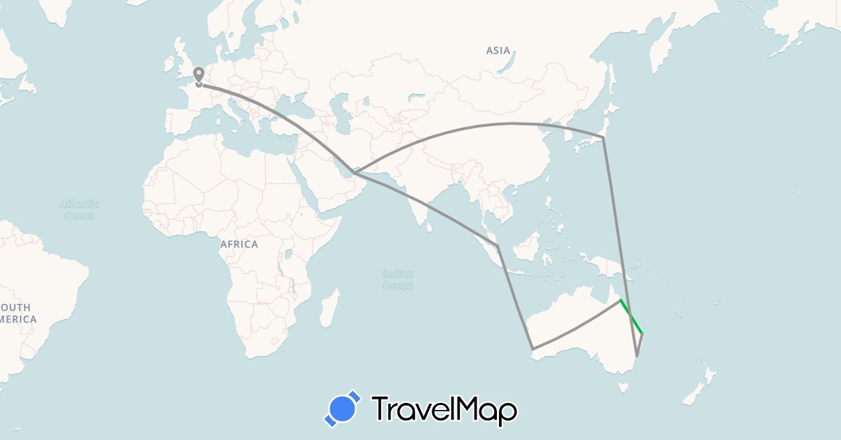 TravelMap itinerary: driving, bus, plane in United Arab Emirates, Australia, France, Japan, Singapore (Asia, Europe, Oceania)